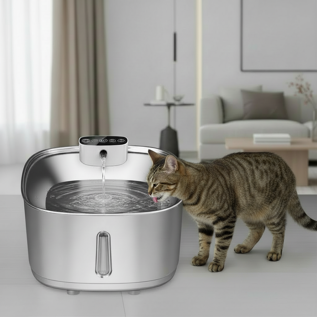 Standing cat drinking from a bright stainless steel pet water fountain in a modern home