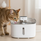 Elegant cat drinking from an electric pet water fountain